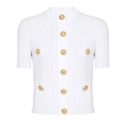 Knitted Fabric Button Short Sleeve With Pockets Cardigan - Nini Styles