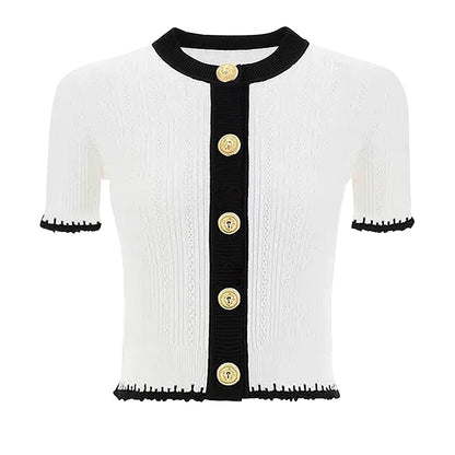 Knitted Short Sleeve Round Neck Slim Fit Cardigan - Nini Styles