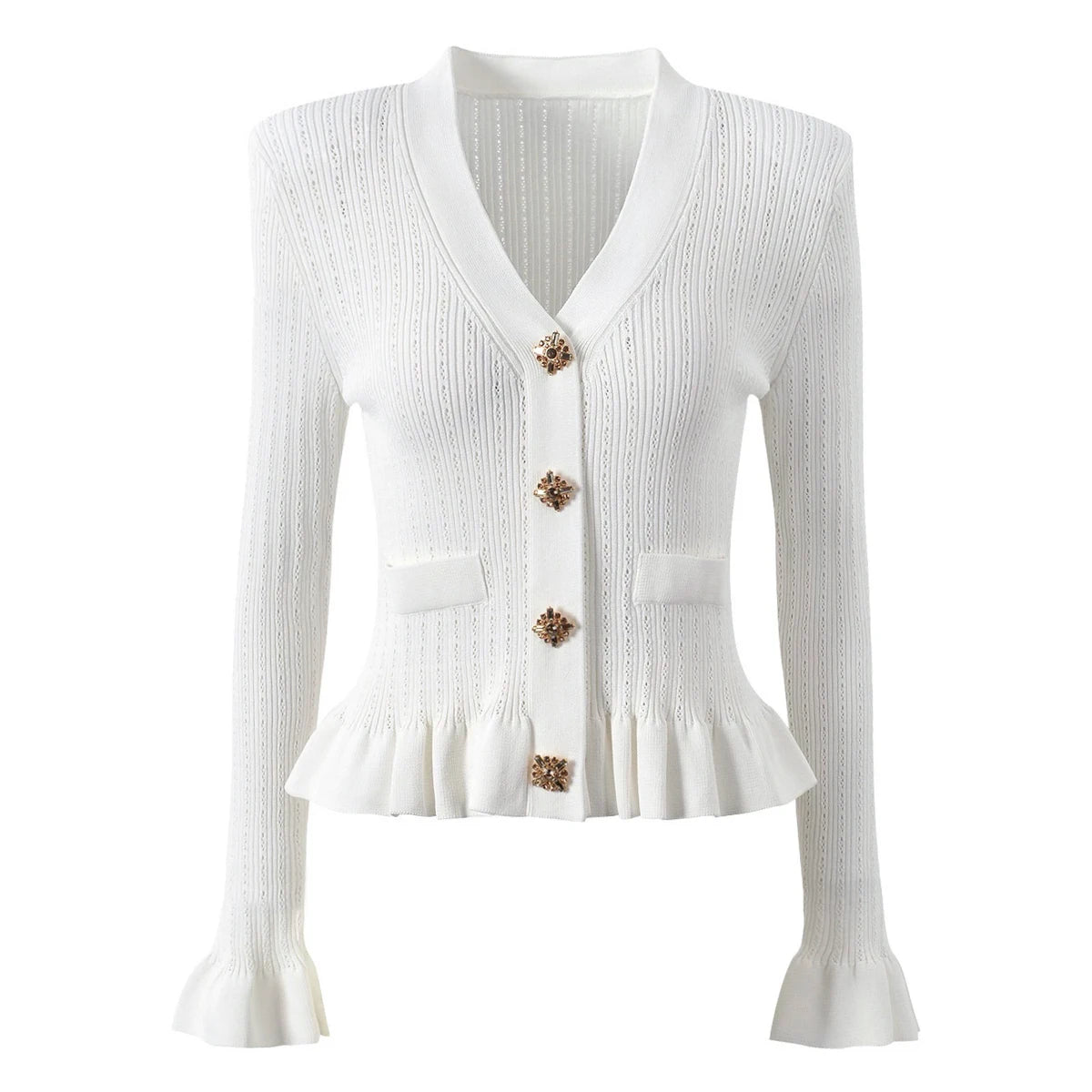 Knitted V-neck Long Sleeved Cardigan With Gold Buttons and Skirt Set - Nini Styles