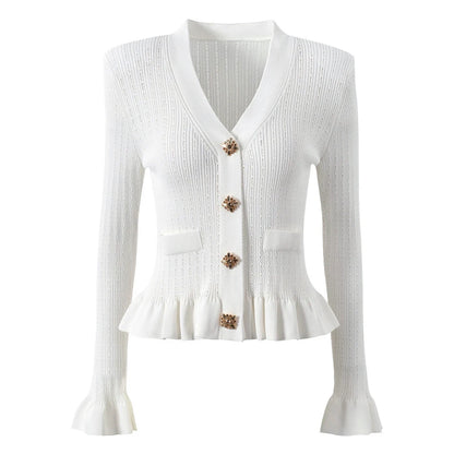 Knitted V-neck Long Sleeved Cardigan With Gold Buttons and Skirt Set - Nini Styles