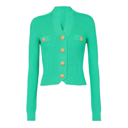 Long Sleeve Short V Neck Versatile Knitted Sweater Cardigan - Nini Styles