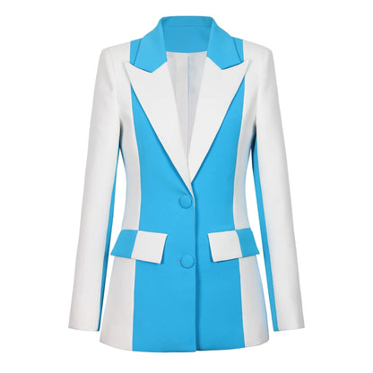 Blue And White  One Button Long Sleeved Jacket and Pant Set - Nini Styles