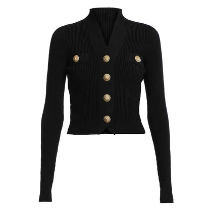 Long Sleeve Short V Neck Versatile Knitted Sweater Cardigan - Nini Styles