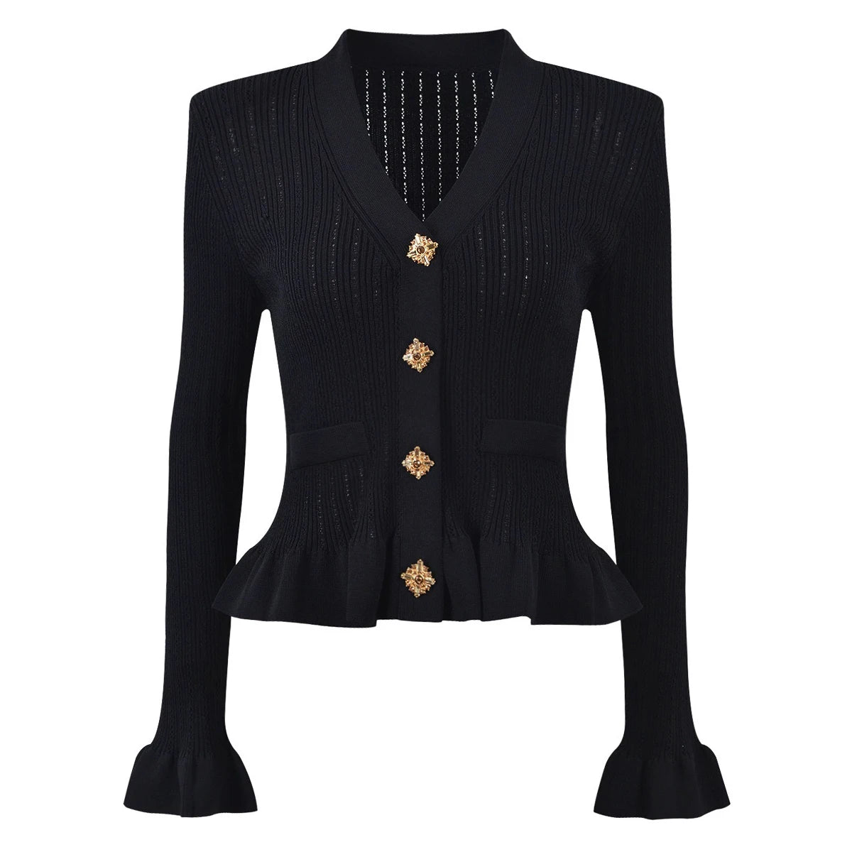 Knitted V-neck Long Sleeved Cardigan With Gold Buttons and Skirt Set - Nini Styles