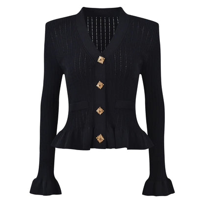 Knitted V-neck Long Sleeved Cardigan With Gold Buttons and Skirt Set - Nini Styles