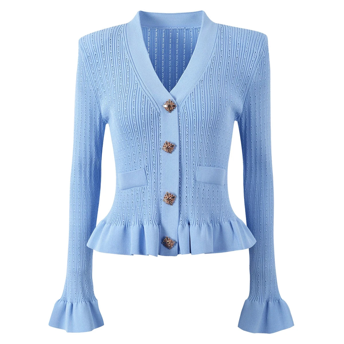Knitted V-neck Long Sleeved Cardigan With Gold Buttons and Skirt Set - Nini Styles