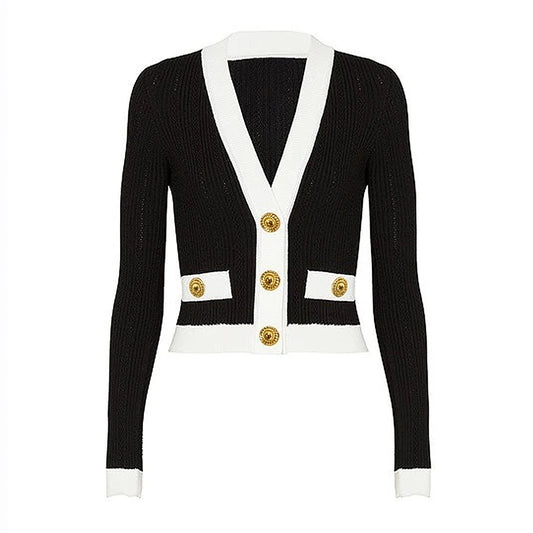 Three Color Knitted Fabric V-button Striped Long Sleeved Casual Cardigan - Nini Styles
