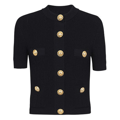 Knitted Fabric Button Short Sleeve With Pockets Cardigan - Nini Styles