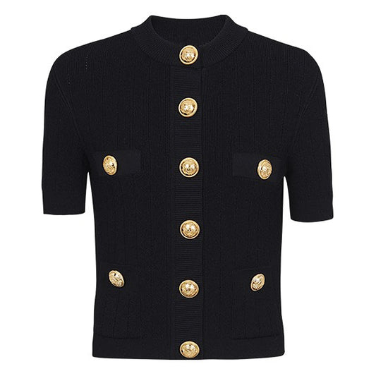 Knitted Fabric Button Short Sleeve With Pockets Cardigan - Nini Styles