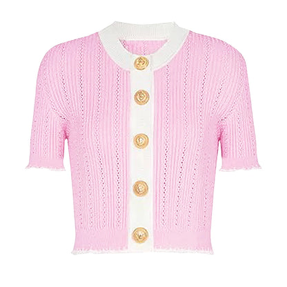 Knitted Short Sleeve Round Neck Slim Fit Cardigan - Nini Styles