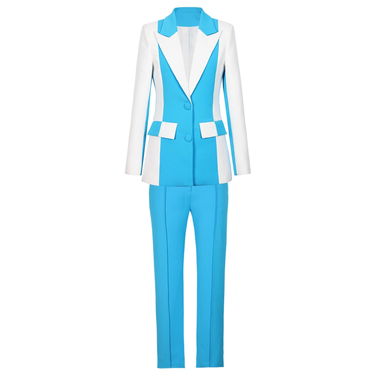 Blue And White  One Button Long Sleeved Jacket and Pant Set - Nini Styles