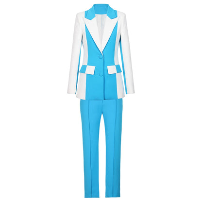 Blue And White  One Button Long Sleeved Jacket and Pant Set - Nini Styles