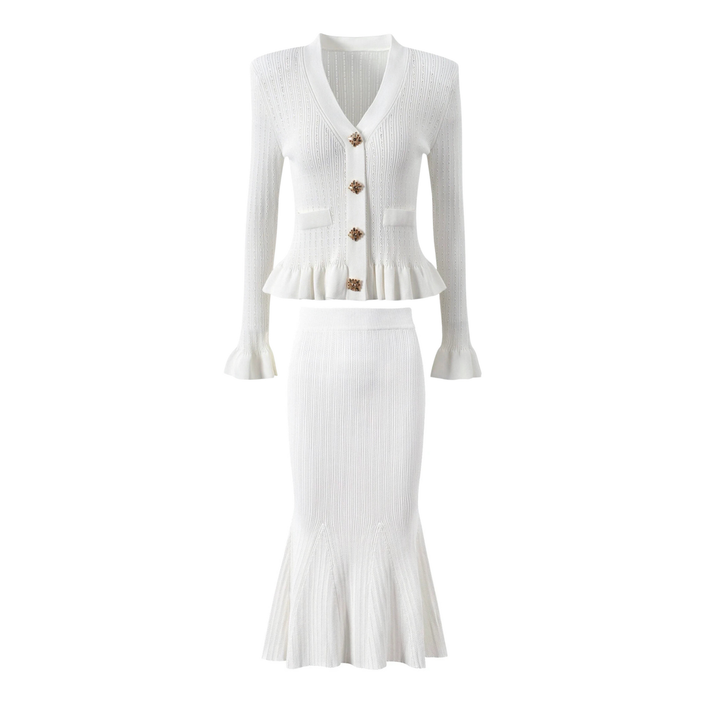 Knitted V-neck Long Sleeved Cardigan With Gold Buttons and Skirt Set - Nini Styles