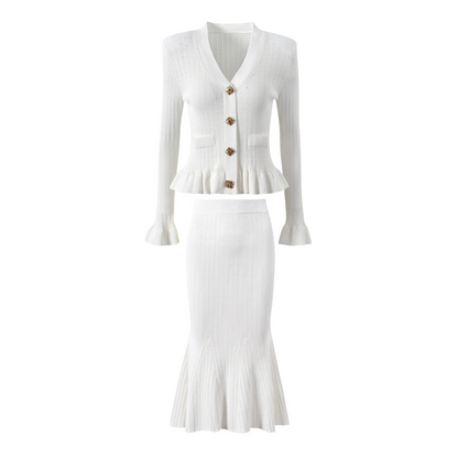 Knitted V-neck Long Sleeved Cardigan With Gold Buttons and Skirt Set - Nini Styles